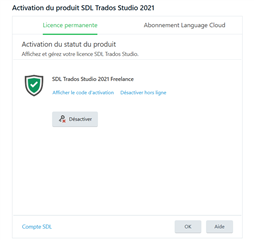 SDL Trados Studio 2021 product activation screen showing a permanent license for SDL Trados Studio 2021 Freelance with an option to deactivate.