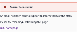 Error message in Trados Studio stating 'An error has occurred' with instructions to reload or refresh the page and a link to the homepage.