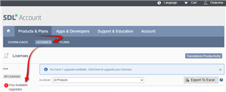 SDL Account webpage with navigation tabs 'Products & Plans', 'Apps & Developers', 'Support & Education', and 'Account'. Highlighted 'Licenses' tab with a notification 'You have 1 upgrade available. Click here to upgrade your license.'