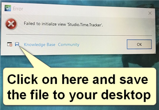 Error dialog box with red cross icon saying 'Failed to initialize view Studio.Time.Tracker.' with 'Knowledge Base' and 'Community' buttons and an 'OK' button.