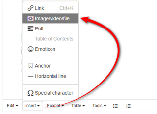 Screenshot showing an editor toolbar with an arrow pointing to the 'Imagevideofile' upload option.