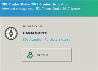 SDL Trados Studio 2017 Product Activation window showing an expired license with options to activate, access SDL Account, or purchase a license.