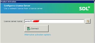 Product Activation window for configuring a network license from a license server with a field for the server name and a 'Connect' button.