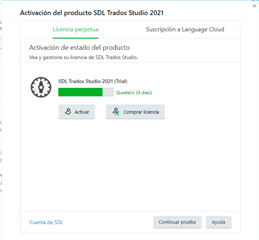 Trados Studio 2021 product activation window showing options to Activate or Buy License, with a loading icon indicating a process is ongoing.
