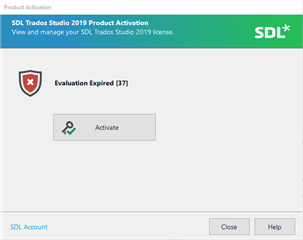 SDL Trados Studio 2019 Product Activation window showing an error message 'Evaluation Expired 37' with an 'Activate' button below it.