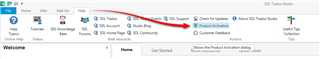 Screenshot of Trados Studio interface showing the Help tab with an arrow pointing to the 'Product Activation' option.