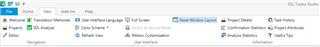 Trados Studio interface showing the menu with options including 'Reset Windows Layout' under the 'View' tab.