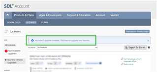 SDL Account webpage showing a notification that reads 'You have 1 upgrade available. Click here to upgrade your licenses.' with a green checkmark icon.