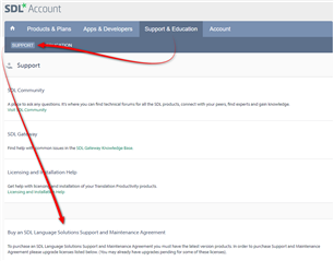Screenshot of SDL Account support page with an arrow pointing to the 'Support & Maintenance Agreement' section.