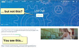 Screenshot of SDL Trados website with a Live Chat option and a message prompt asking if you see this but not that, suggesting a display issue.