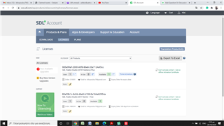 Screenshot of SDL Trados Studio account page showing active licenses with an error message 'Deactivation failed. Revocation is either complete or revocation proof is already uploaded.'