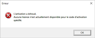 Error message in Trados Studio stating 'Activation failed. No license is currently available for the specified activation code.' with an OK button.