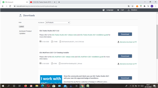 Screenshot of Trados Studio 2021 download page with 'Download' buttons for various components, but no visible errors or warnings.