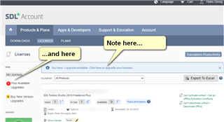 Screenshot of SDL Account page with a focus on the Licenses tab, showing a note indicating where to check for available updates for Trados Studio.