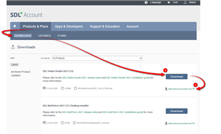 SDL Account page showing the 'Downloads' tab under 'Products & Plans' with arrows pointing to Trados Studio 2021 SR2 - Release and Update download links.