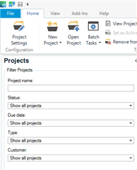 Trados Studio screenshot showing the Projects view with filter options for project name, status, due date, type, and customer with 'Show all projects' selected in each.