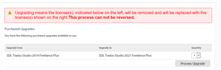 Screenshot of Trados Studio upgrade prompt stating 'Upgrading means the license(s) indicated below on the left, will be removed and will be replaced with the license(s) shown on the right. This process cannot be reversed.'