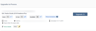 Screenshot of Trados Studio showing 'Upgrades to Process' with one user license available for upgrade and a warning about activation date.