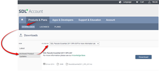 Screenshot of SDL Trados Studio download page, showing 'Archived Product Updates' section with a red arrow pointing to 'SDL Trados Studio 2011 SP2 - 10.2.3001'. A 'Download' button is visible.