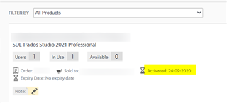 SDL Trados Studio 2021 Professional license details showing 1 user, 1 in use, 0 available, and activated on 24-09-2020 with no expiry date.