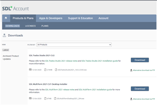 SDL Account Downloads page showing available downloads for Trados Studio 2021 CU1 and SDL MultiTerm 2021 CU1 with 'Download' buttons.