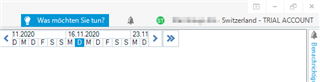 Trados Studio interface showing a calendar and the label 'Switzerland - TRIAL ACCOUNT' in the top right corner.