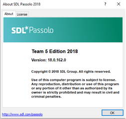 SDL Passolo 2018 About page showing Team 5 Edition 2018, Version 18.0.162.0 with copyright information.
