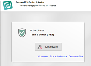 Passolo 2018 Product Activation window showing an active license for Team 5 Edition (.NET) with a deactivate button.