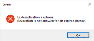 Error message in Trados Studio stating 'La desactivation a echoue. Revocation is not allowed for an expired license.' with an OK button.