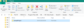 File Explorer window showing the path 'c:Program Files (x86)SDLSDL Trados StudioStudio16Samples' with a folder named 'SampleProject1'.