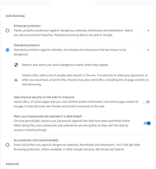 Chrome browser settings showing Enhanced protection under Safe Browsing with options for standard and no protection.