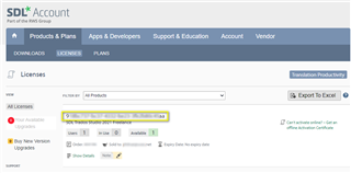 Screenshot of SDL Account Licenses page showing an unactivated Trados Studio 2021 license with an option to activate.