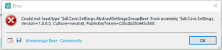 Error dialog box in Trados Studio 2017 SR1 stating 'Could not load type Sdl.Core.Settings.AbstractSettingsGroup' with an OK button.