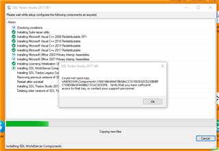 Installation progress window for Trados Studio 2017 SR1 with an error message overlay stating 'Could not open key' followed by a registry key path and 'Verify that you have sufficient access to that key, or contact your support personnel.'