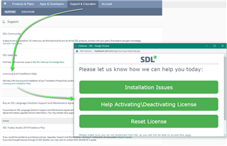 Screenshot of SDL Trados Studio support page with options for Installation Issues, Help ActivatingDeactivating License, and Reset License.