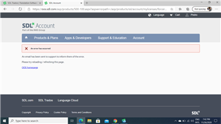 Error message on SDL Account webpage stating 'An error has occurred. Please try reloading or navigating to other parts of the site. (Error message).'