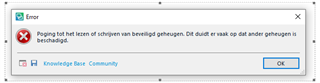Error dialog box in Trados Studio with a message indicating a problem with accessing or writing to a specified location, suggesting that the disk might be full or write-protected.