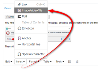 Trados Studio forum post editor with a red arrow pointing to the 'Insert ImageVideoFile' option in the formatting toolbar.