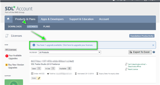 Screenshot of Trados Studio account page with a highlighted message 'You have 1 upgrade available. Click here to upgrade your licenses.' and a list of available licenses below.