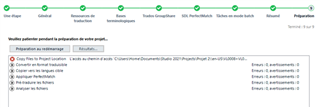 Trados Studio screenshot showing an error message 'Cannot find project location' with a file path displayed and several tasks listed as 'Error' in red text.