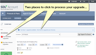 Screenshot of Trados Studio upgrade process with highlighted areas indicating where to click to proceed with the upgrade.