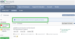 Screenshot of SDL Account Licenses page with a notification 'You have 1 upgrade available. Click here to upgrade your licenses.' highlighted in green.