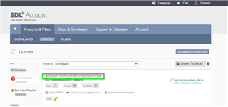 Screenshot of SDL Account page showing the Licenses tab with a highlighted section for Studio 2021 activation code.