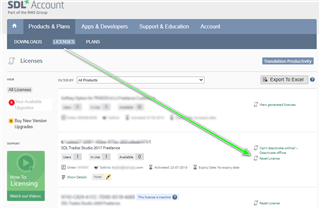 Screenshot of Trados Studio license management page, with an arrow pointing to the 'Reset License' option in the Licenses tab.