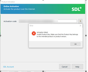 Trados Studio product activation window with an error message stating 'Invalid Product Key. Make sure that the Product Key belongs to the intended product or product version.'