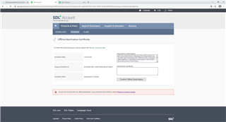 Screenshot of Trados Studio's Offline Deactivation Certificate window with an error message stating 'We cannot find any information for the deactivation certificate you entered.'