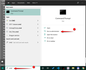 Windows search bar showing 'cmd' typed in with Command Prompt app visible. Red arrows point to 'Run as administrator' option.
