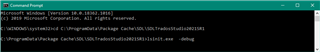 Command Prompt window with commands entered: 'cd C:ProgramDataPackage CacheSDLSDLTradosStudio2021SR1' followed by 'lsinit.exe  debug'.