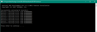 Command Prompt displaying Sentinel RMS Development Kit error messages with multiple 'returned error code' lines and a prompt to 'Press Enter to continue...'.