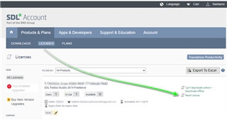 SDL Account webpage with user Barbaros Yilmaz Turker logged in, showing the Licenses tab with an option to reset licenses for Trados Studio.
